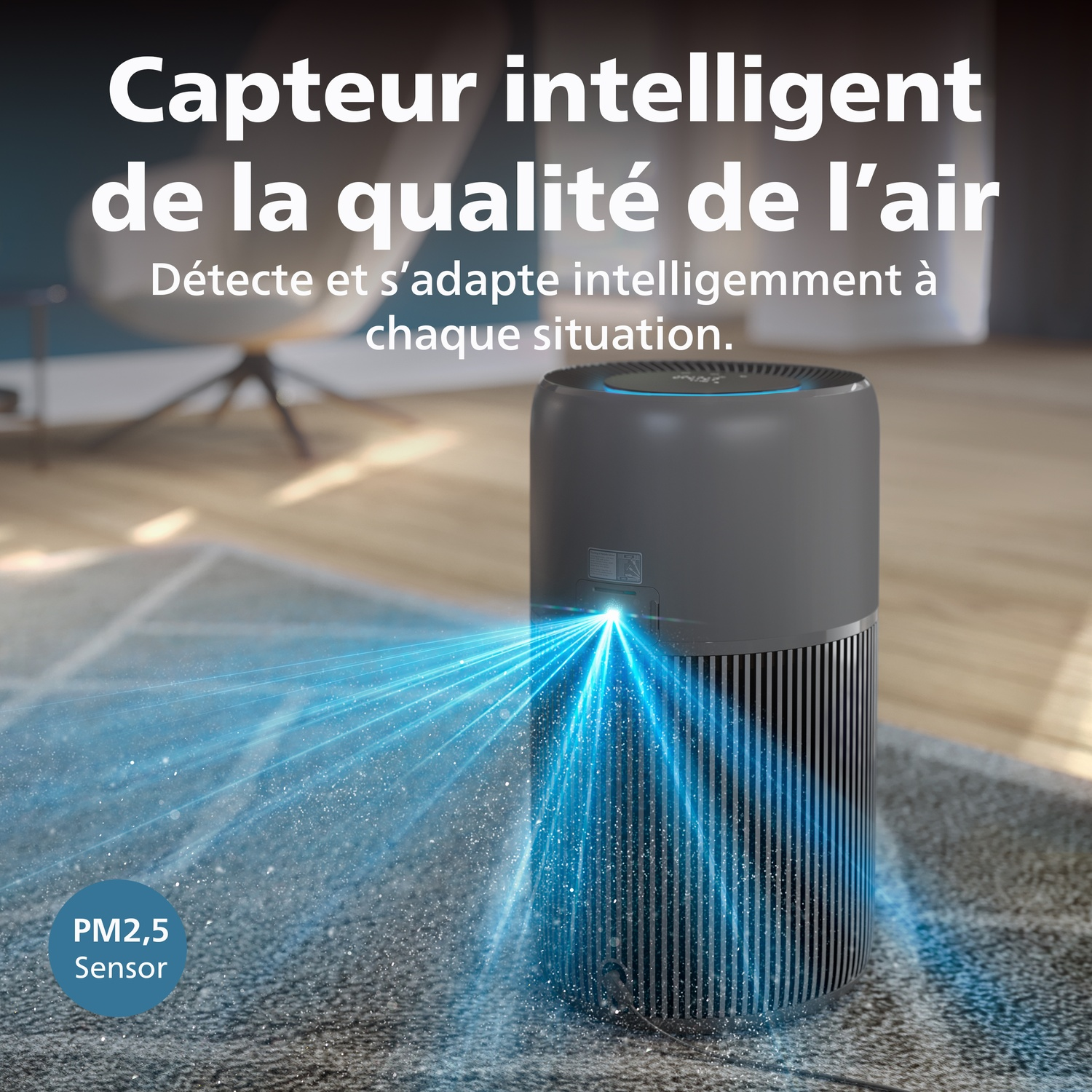 A smart air quality sensor with a blue light beam showing PM2.5.
