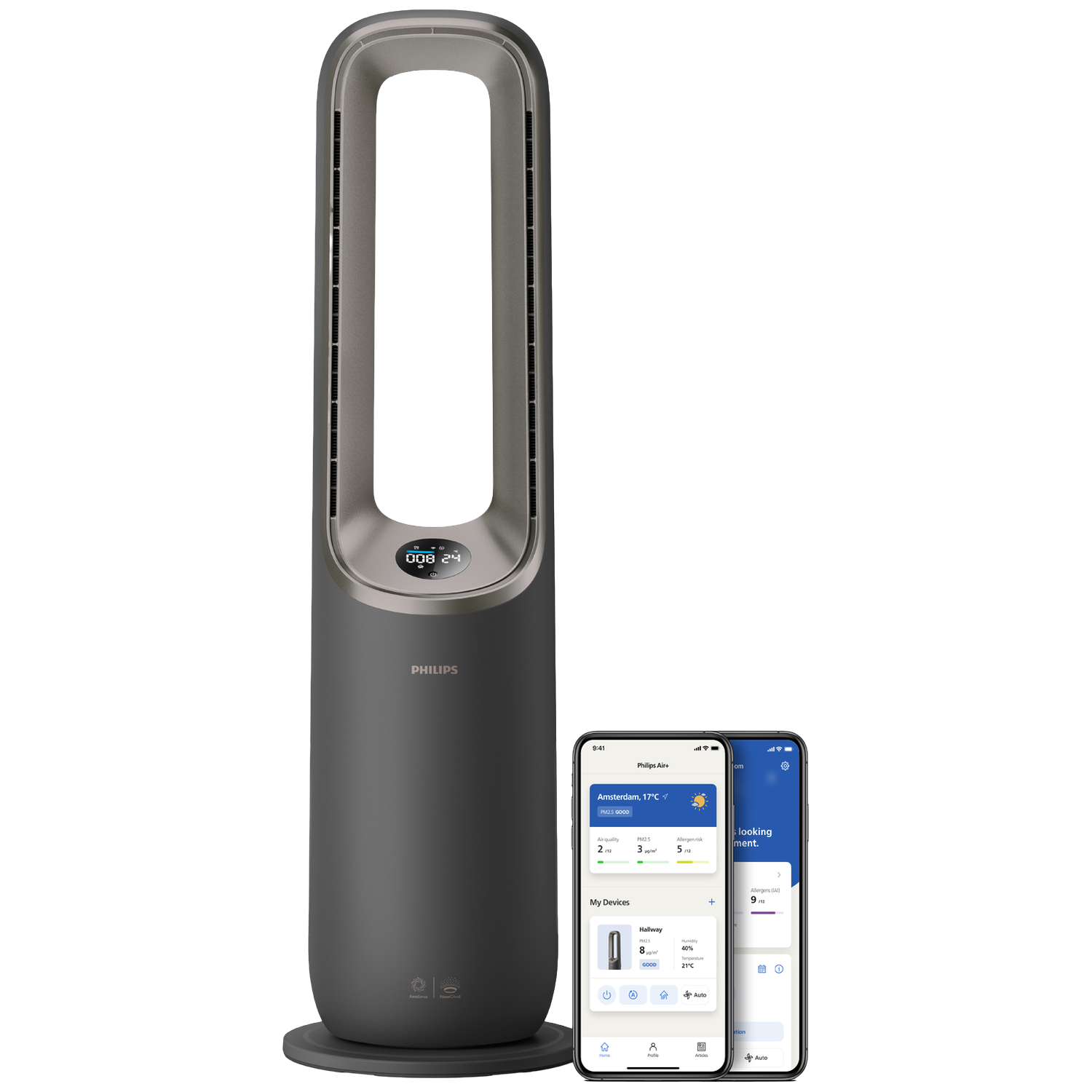 Een donkere torenventilator met Philips-logo en twee smartphones die de luchtkwaliteitsapp tonen.