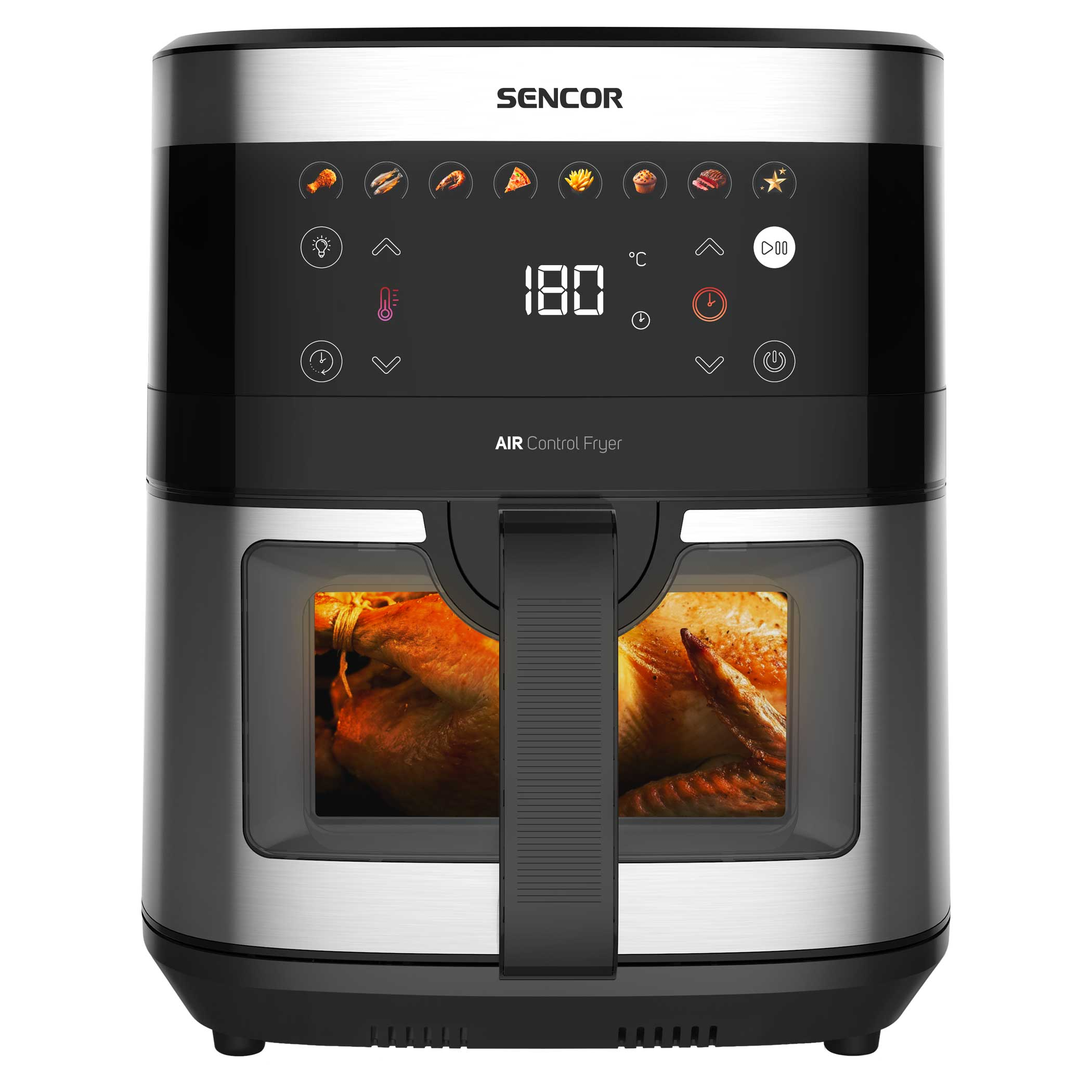 Egy Sencor légkeveréses fritő digitalis kijelzővel, 180°C-ot mutat. Két csirke látható benne.