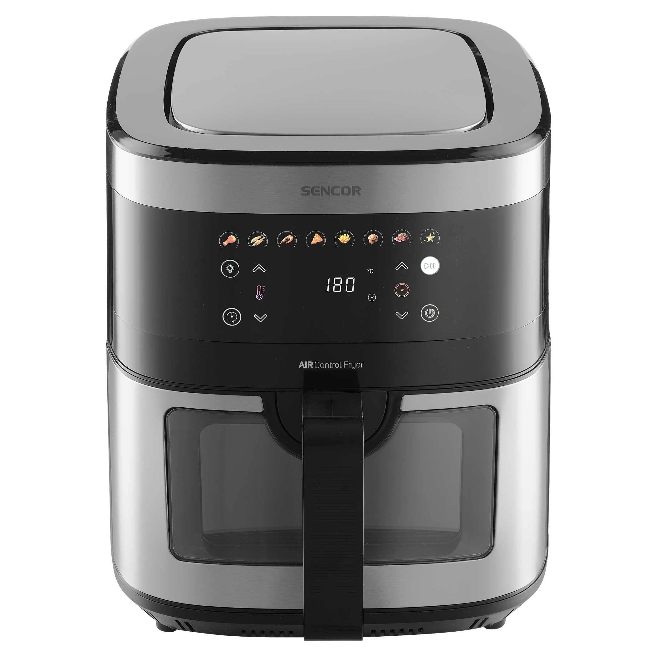Egy Sencor Air Fryer digitális kijelzővel és főzőikonokkal.