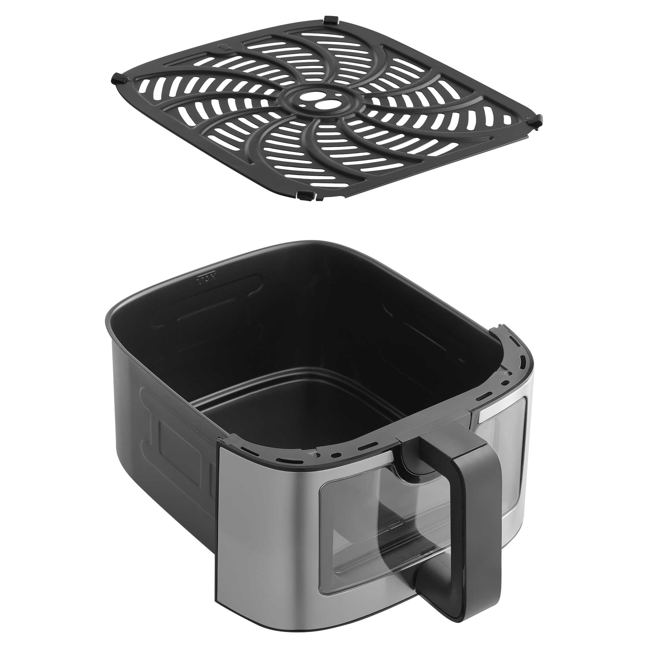 Egy üres airfryer kosár fogantyúval és különálló rácsbetéttel.