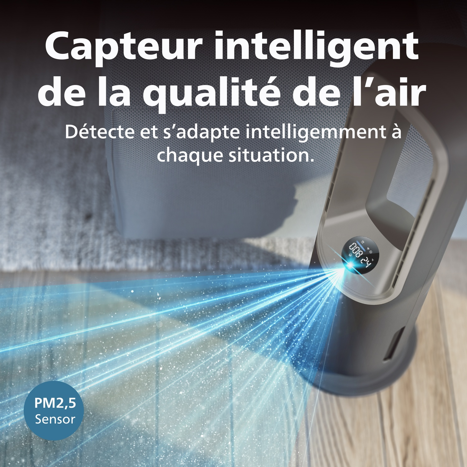 Un moniteur de qualité de l'air avec capteur PM2,5 émettant des faisceaux bleus.