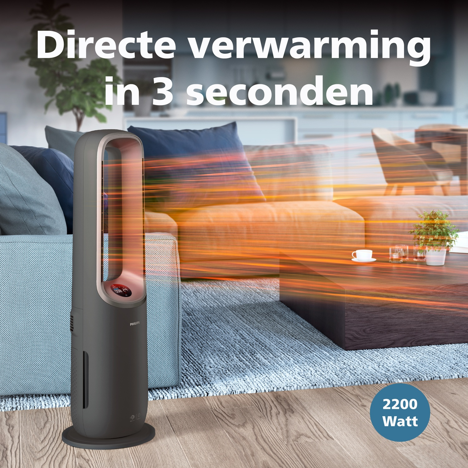 Een donkere kachel staat naast een bank. Warme luchtstromen verspreiden zich.
