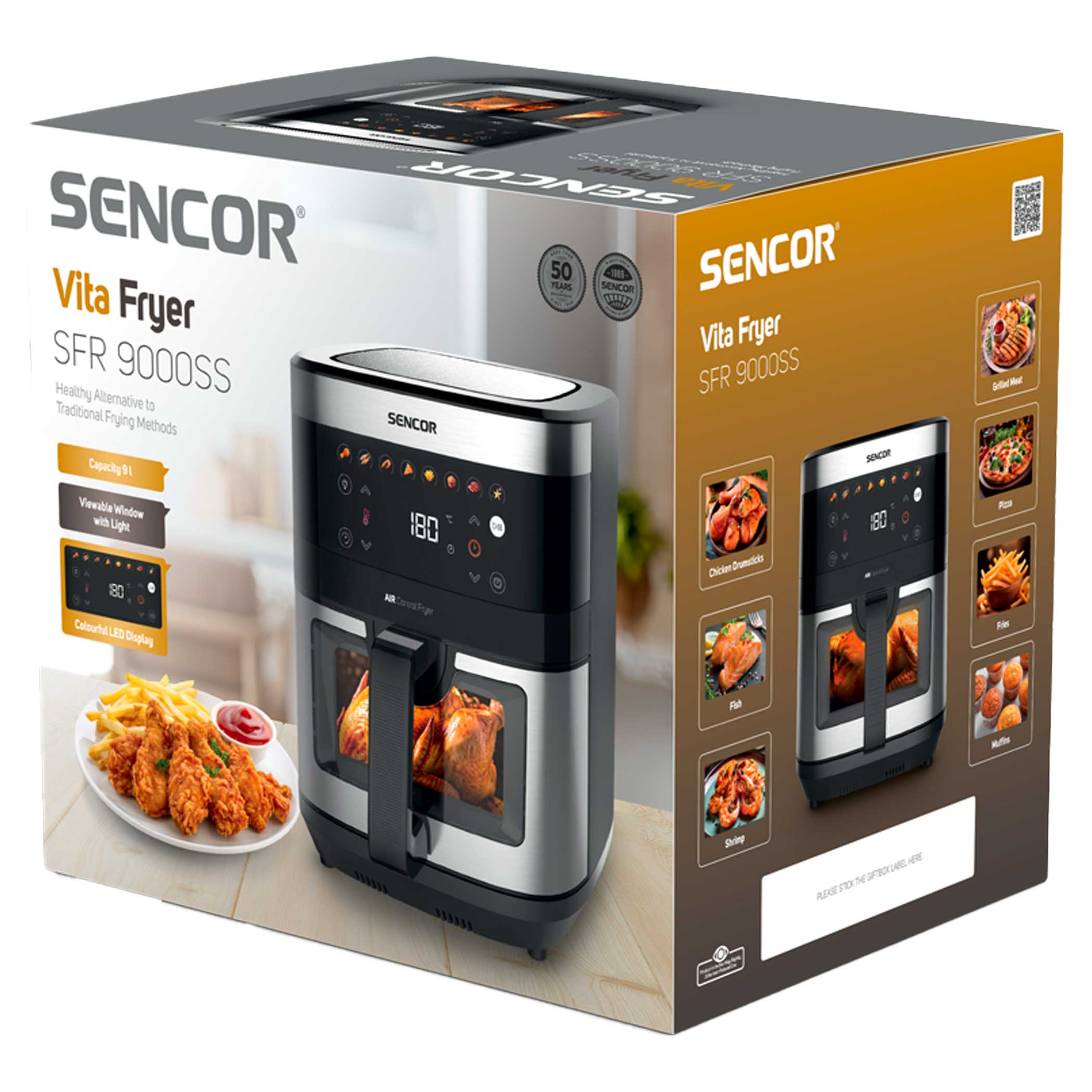SENCOR Vita Fryer SFR 9000SS csirkével, sült krumplival és ketchupval.
