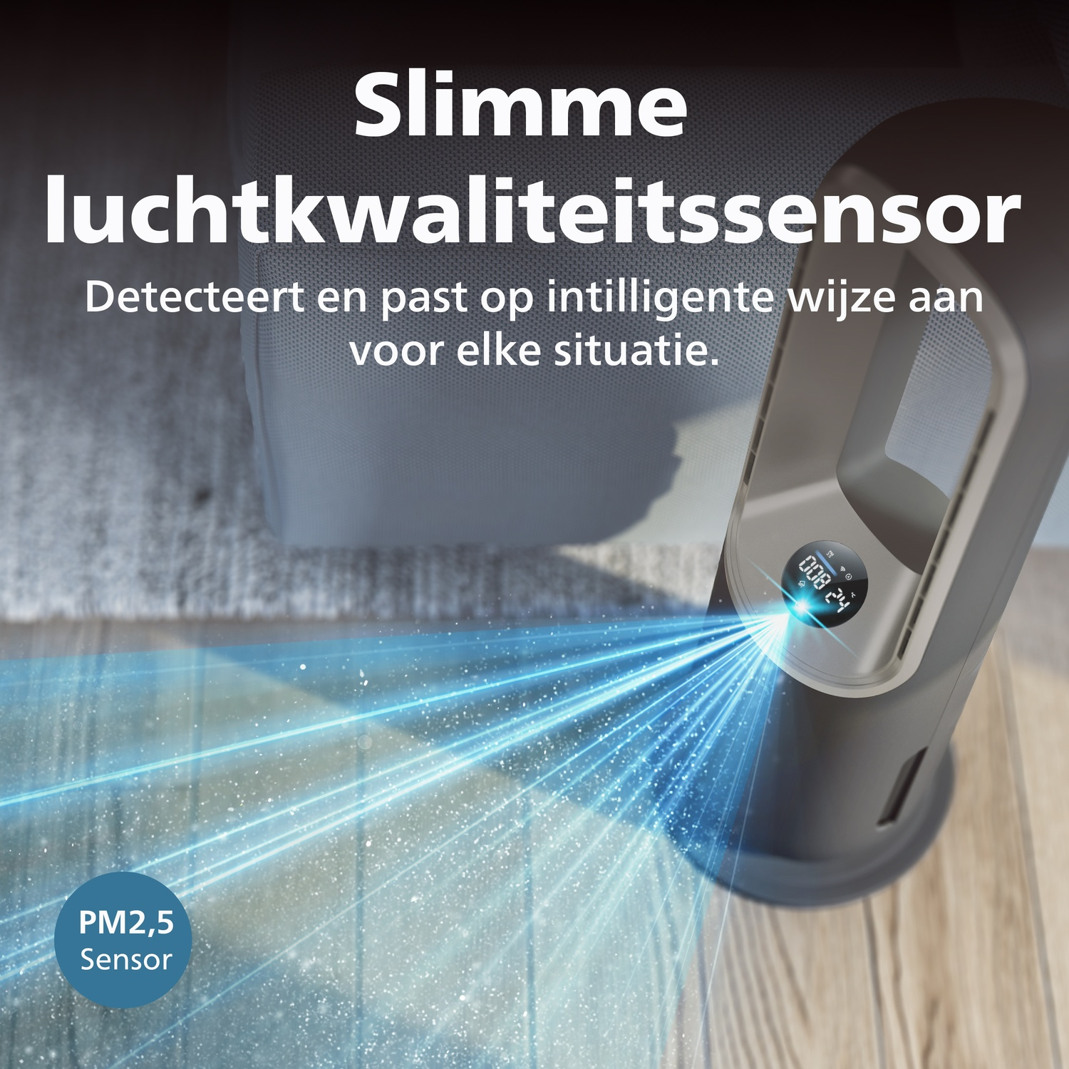 Een slanke luchtkwaliteitssensor met PM2,5-detectie en digitaal display.