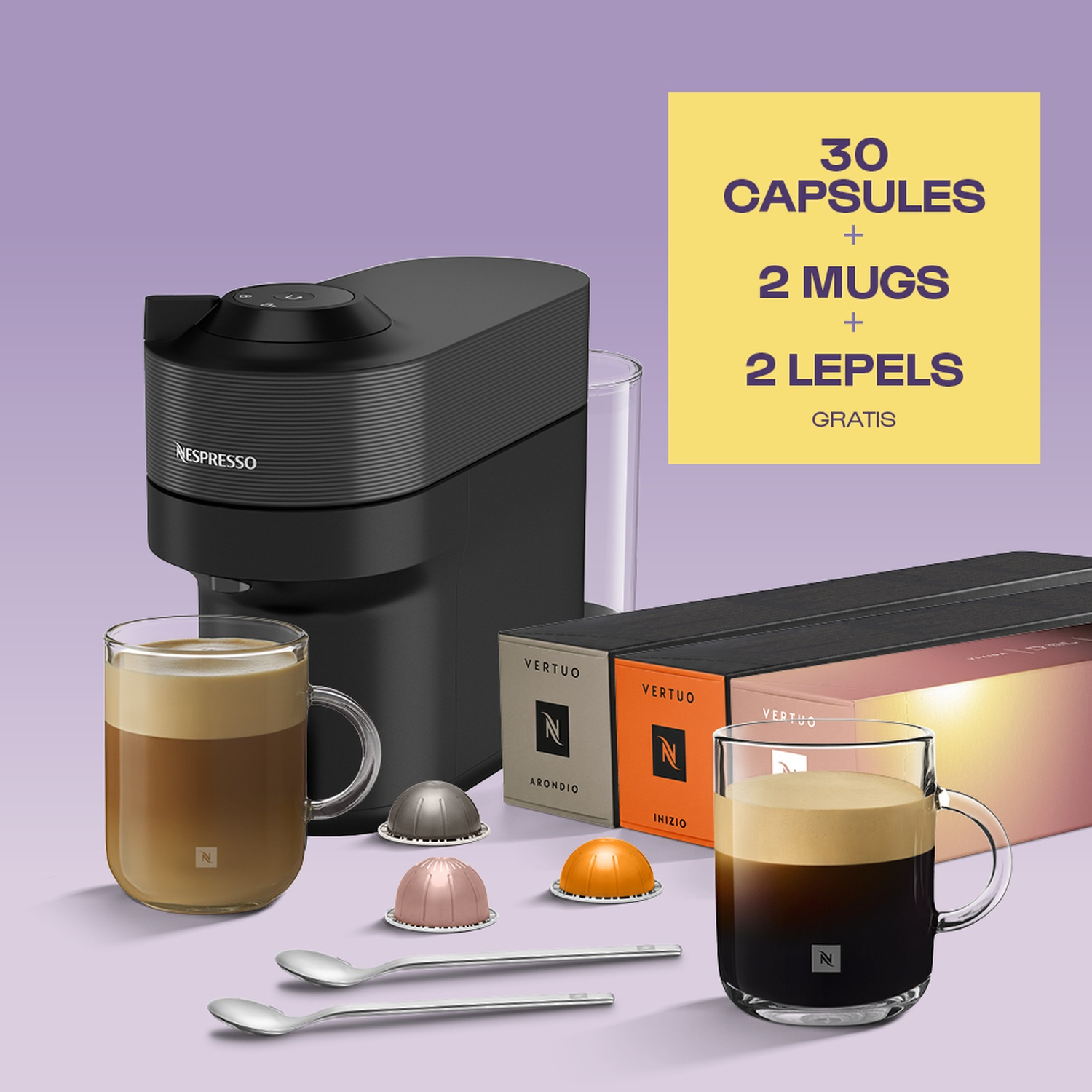 Nespresso coffee machine with capsules, mugs, and spoons, offer on purple background.