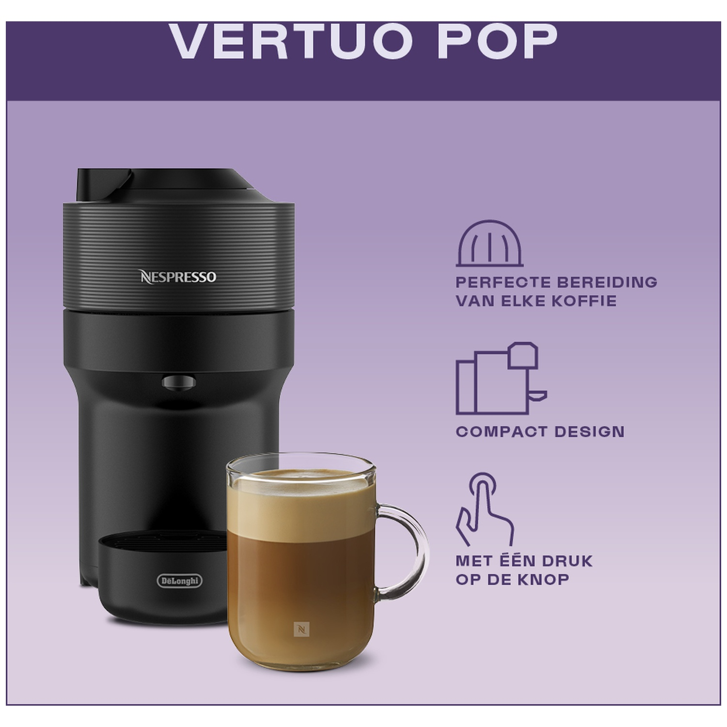 Black Nespresso Vertuo Pop coffee machine next to a glass of coffee.