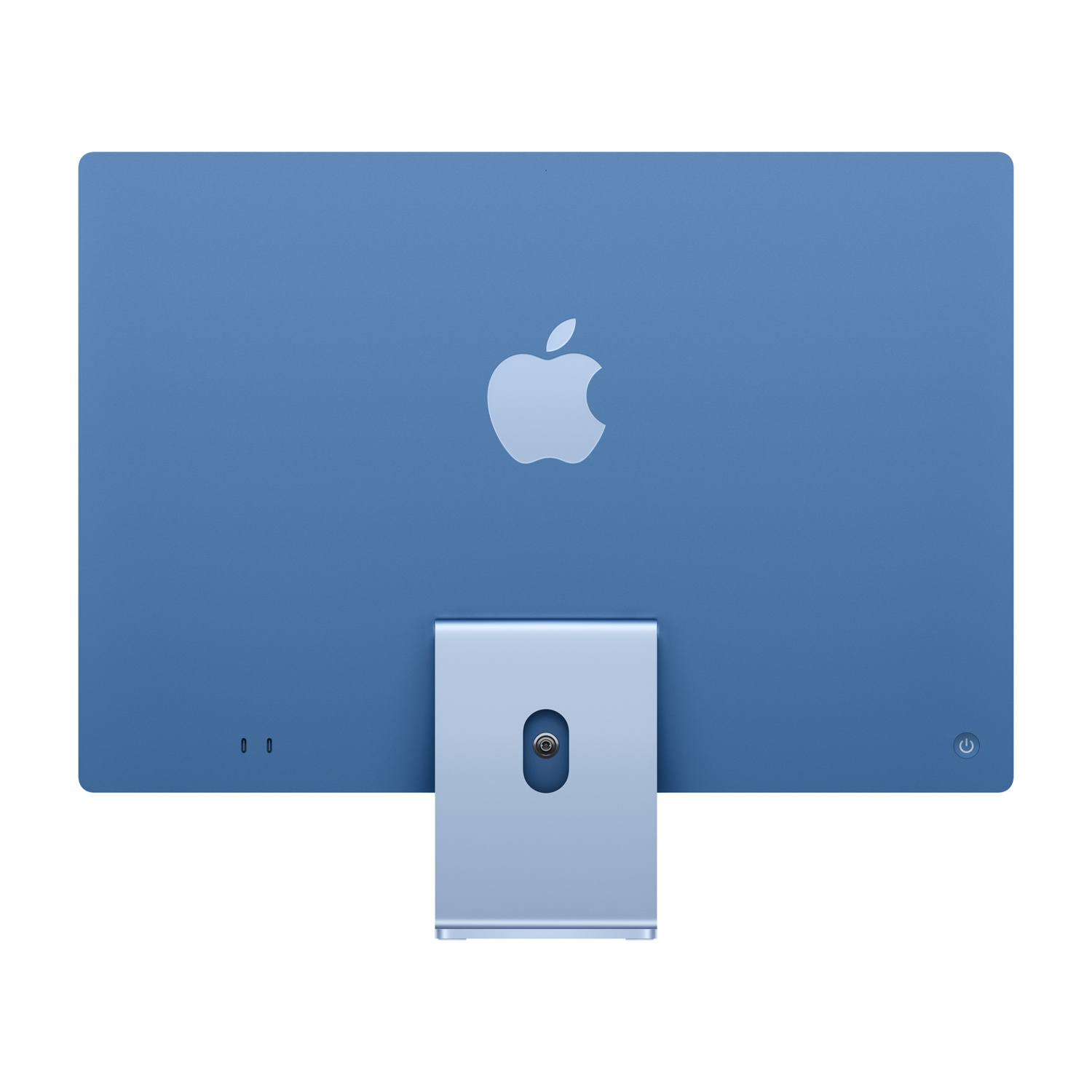 Retro di un iMac blu con logo Apple e supporto.