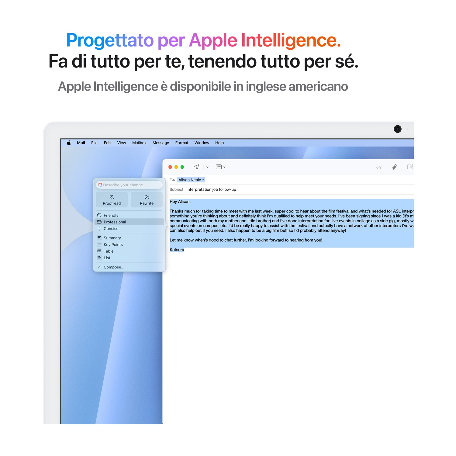 Una finestra Mac che mostra un'email con opzioni di suggerimento testo.
