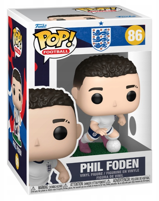 Figurka winylowa Funko Pop Phil Foden w białej koszulce z piłką na zielonym boisku