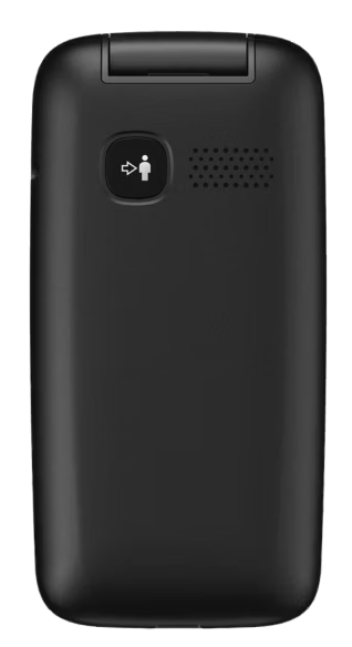 Tył czarnej klapki z ikoną wejścia/wyjścia i grillem głośnika.