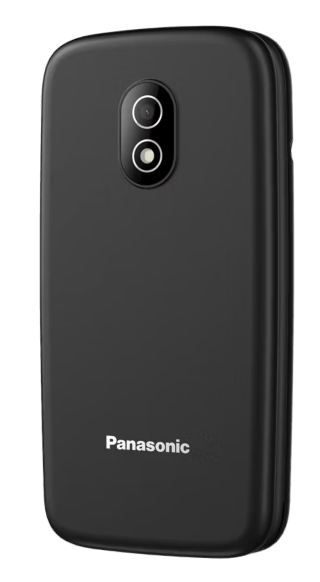 Tył czarnego smartfona Panasonic z podwójnym aparatem i logo.