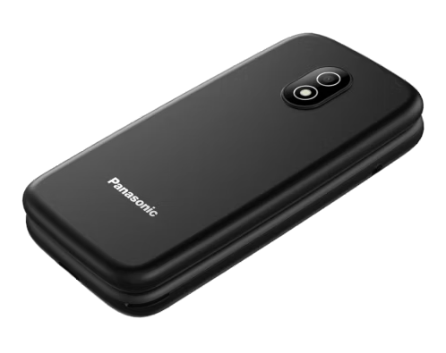 Zamknięty czarny telefon klapkowy Panasonic z dwoma aparatami.