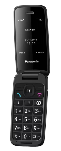 Otwarty czarny telefon klapkowy Panasonic z klawiaturą i wyświetlaczem.