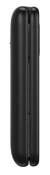 Zbliżenie na bok zamkniętej, czarnej klapki telefonu.