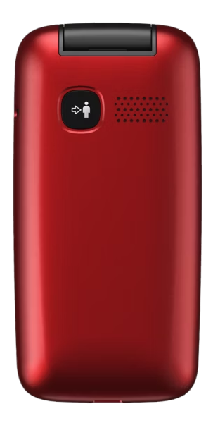 Czerwony telefon na klapkę z ikoną osoby i strzałką