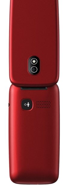 Zamknięta czerwona klapka z dwoma aparatami z tyłu.