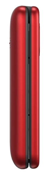 Zamknięty czerwony telefon klapkowy z profilu bocznego na czarnym tle.