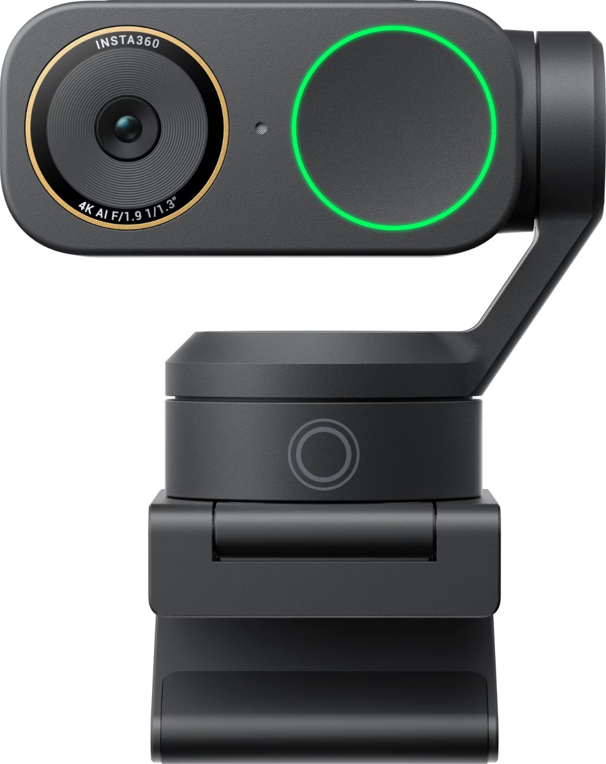 Gimbal noir avec caméra Insta360, lunette dorée et anneau lumineux vert.