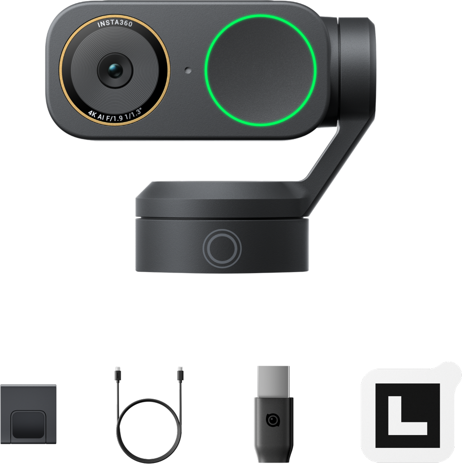 Caméra Insta360 sur nacelle avec accessoires : câble, adaptateur et logo.