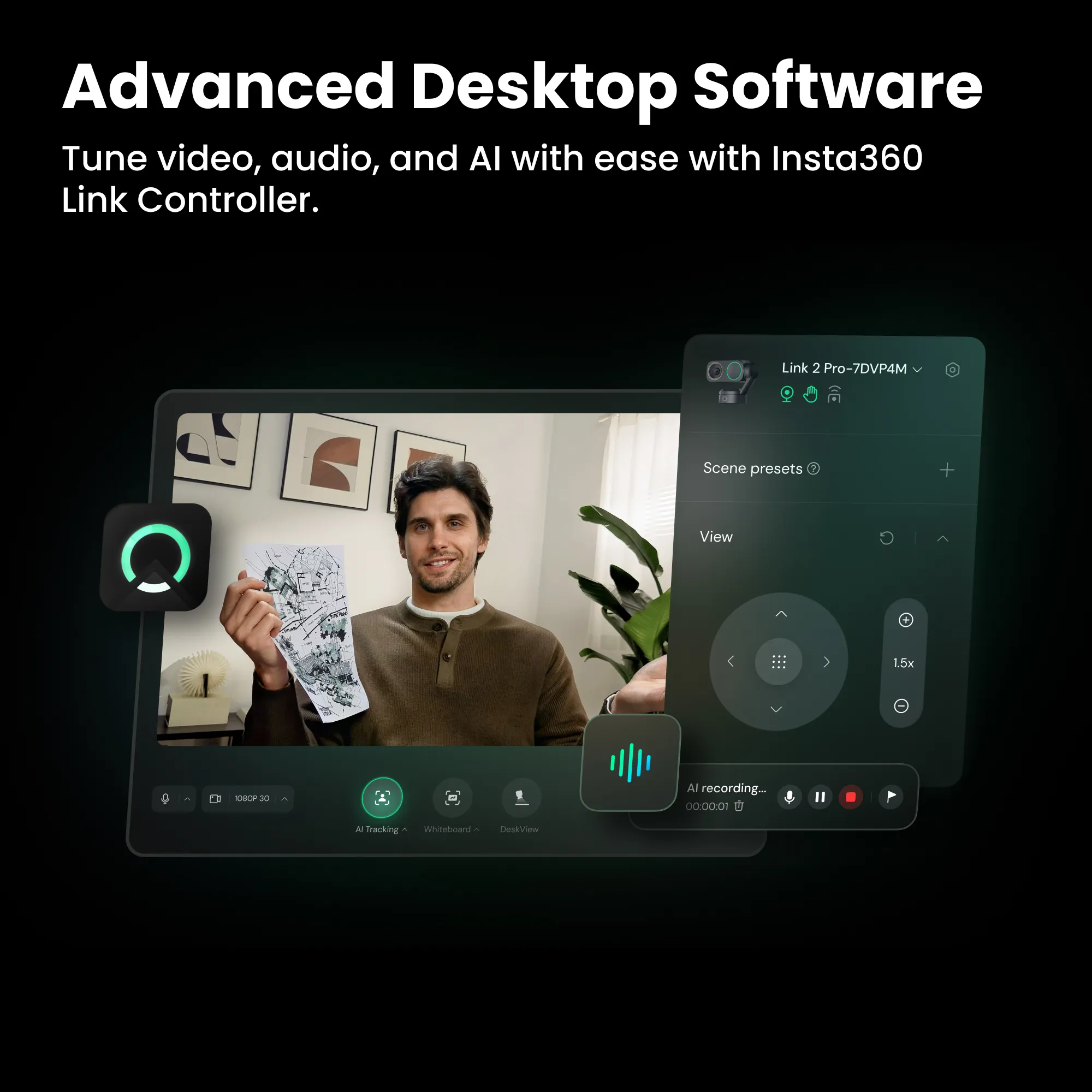 Homme tenant un dessin ; interface logicielle avec commandes et paramètres caméra.