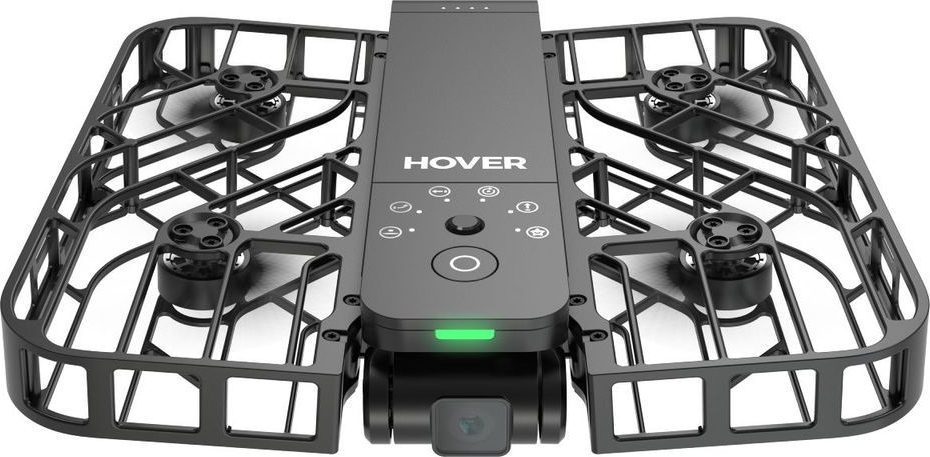 Un drone pieghevole nero con quattro eliche, telecamera e pulsanti di controllo.