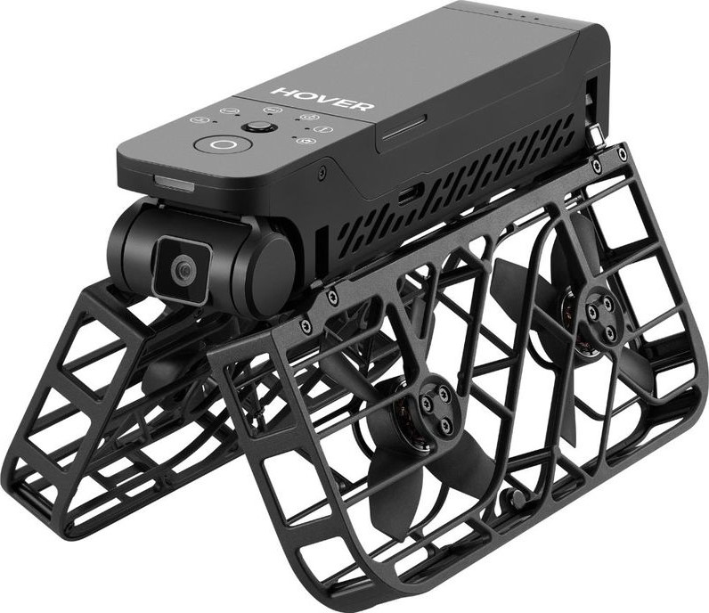 Un mini drone nero con telecamera ed eliche.