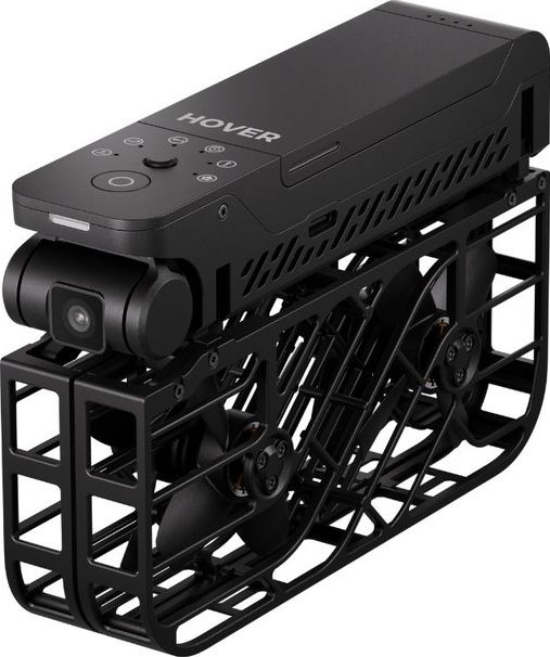 Un corpo di drone nero e rettangolare con telecamera ed eliche.