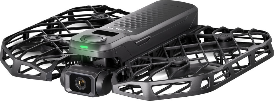 Un drone quadricottero nero con protezioni per eliche e telecamera.