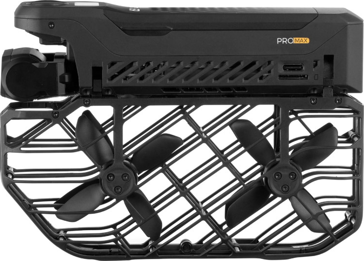 Parte di drone nera con due eliche e fessure di ventilazione.