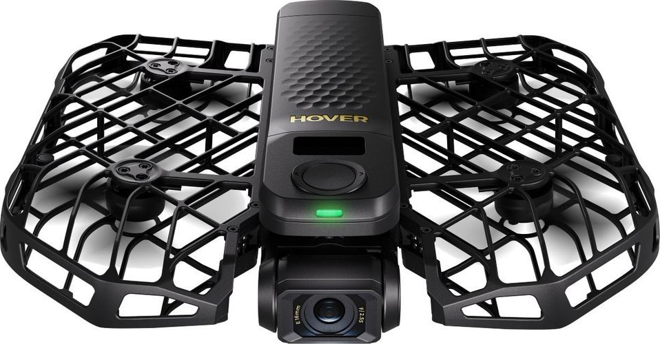 Una protezione per elica di drone nera con telecamera.