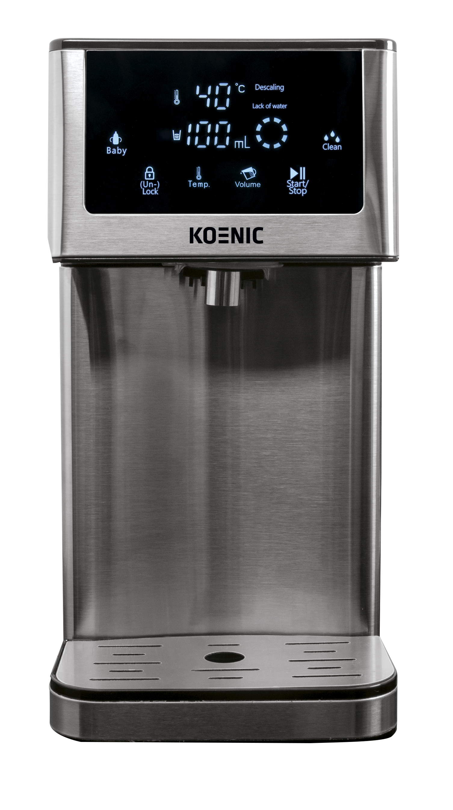 Edelstahl-Wasserspender mit Digitalanzeige für Temperatur, Volumen und Funktionen.