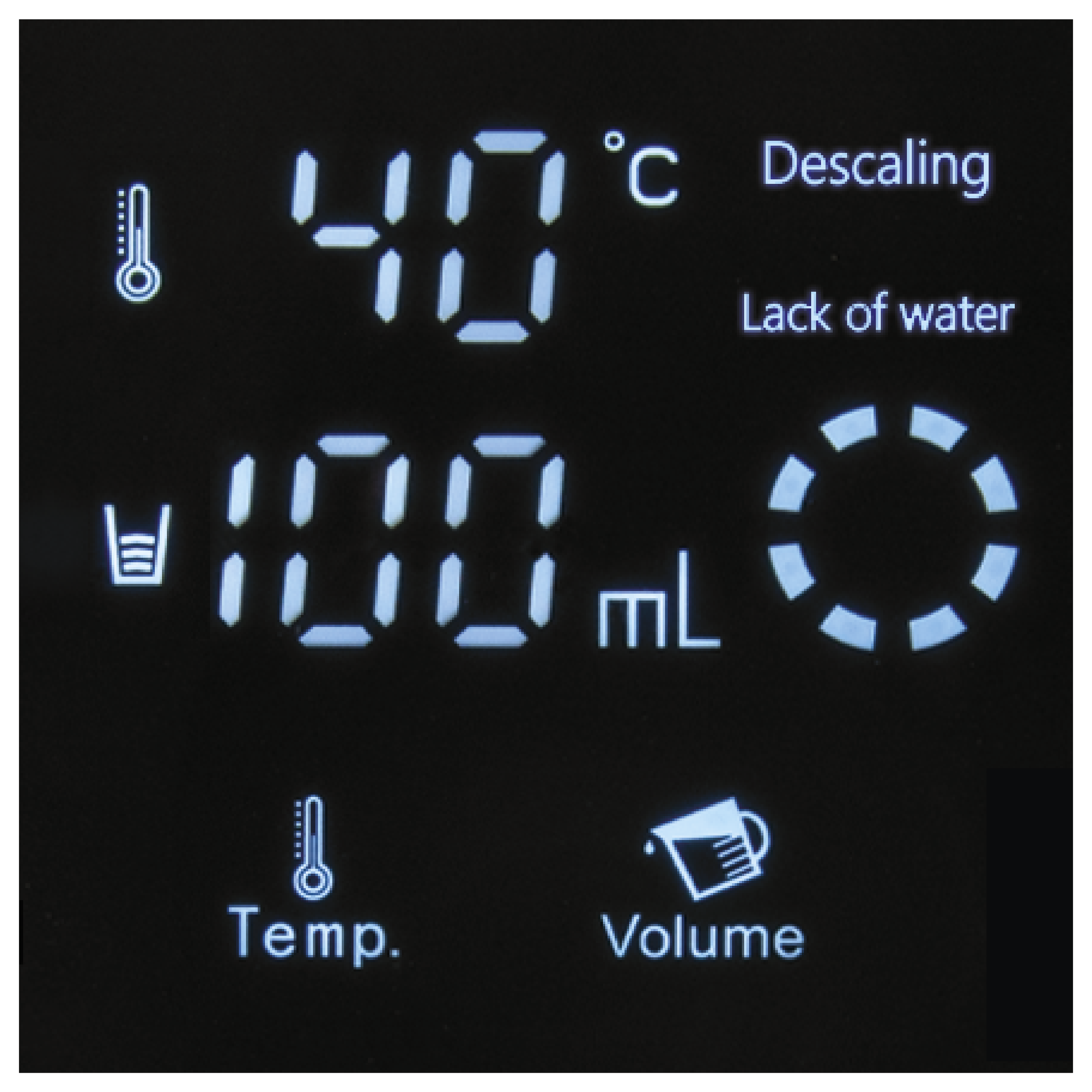 Display zeigt 40°C, Entkalkung, Wassermangel, 100ml, Temperatur, Volumen.