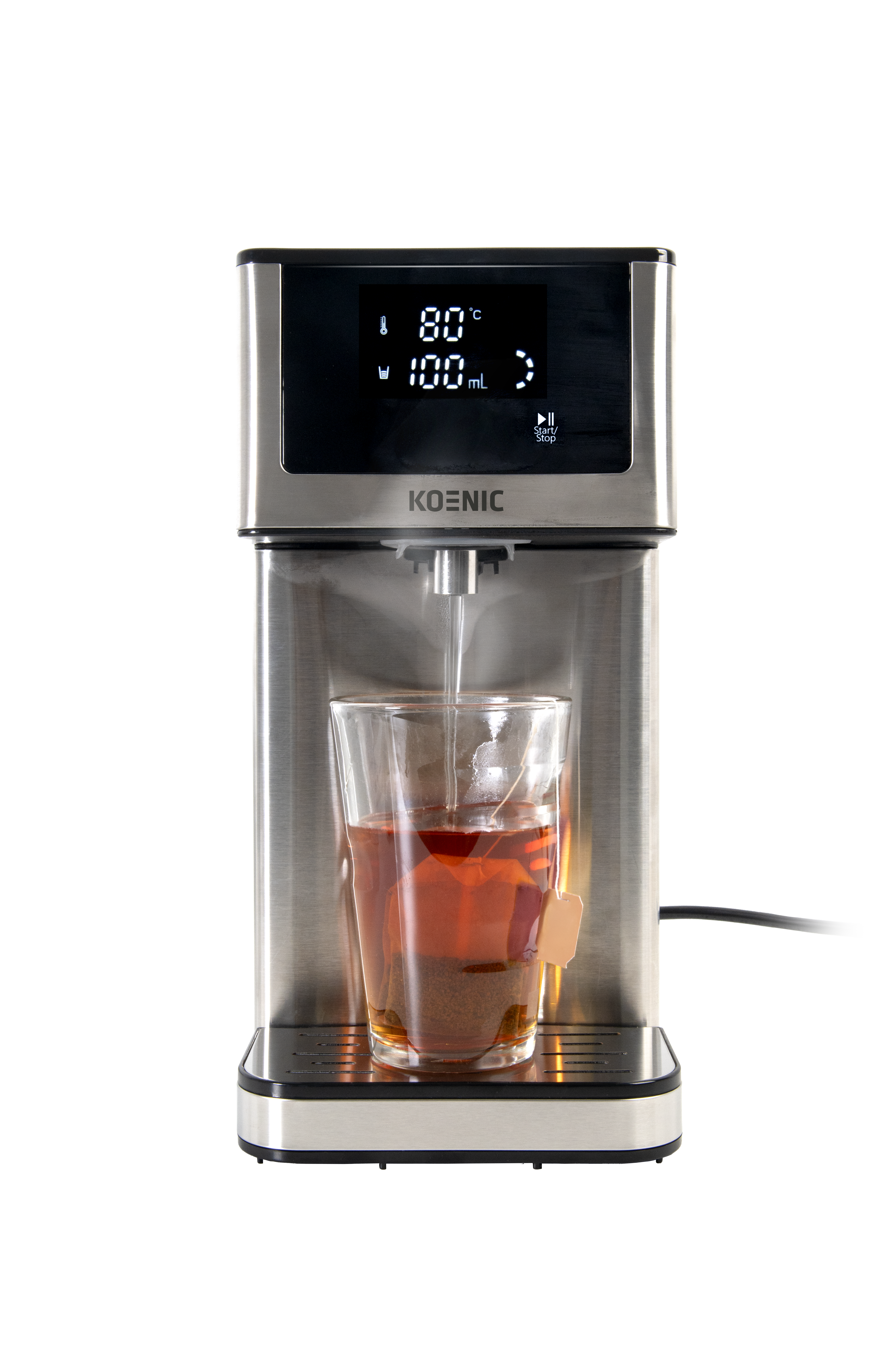 Ein Wasserspender brüht Tee in ein Glas mit 80°C und 100ml angezeigt.