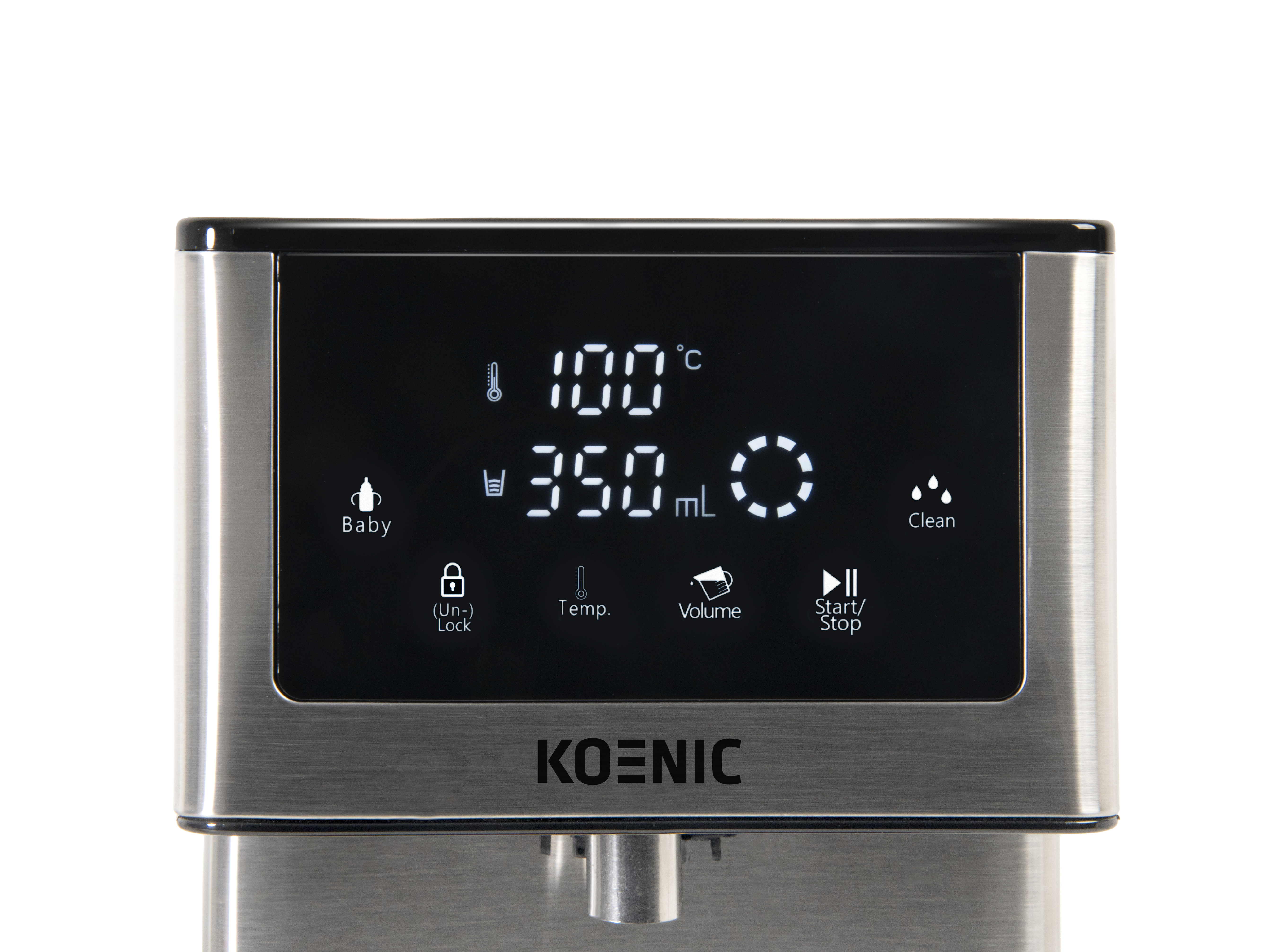 Ein Koenic Wasserspender mit digitalem Display, zeigt 100°C, 350mL, Baby, Lock, Temp, Volume, Clean, Start/Stop.