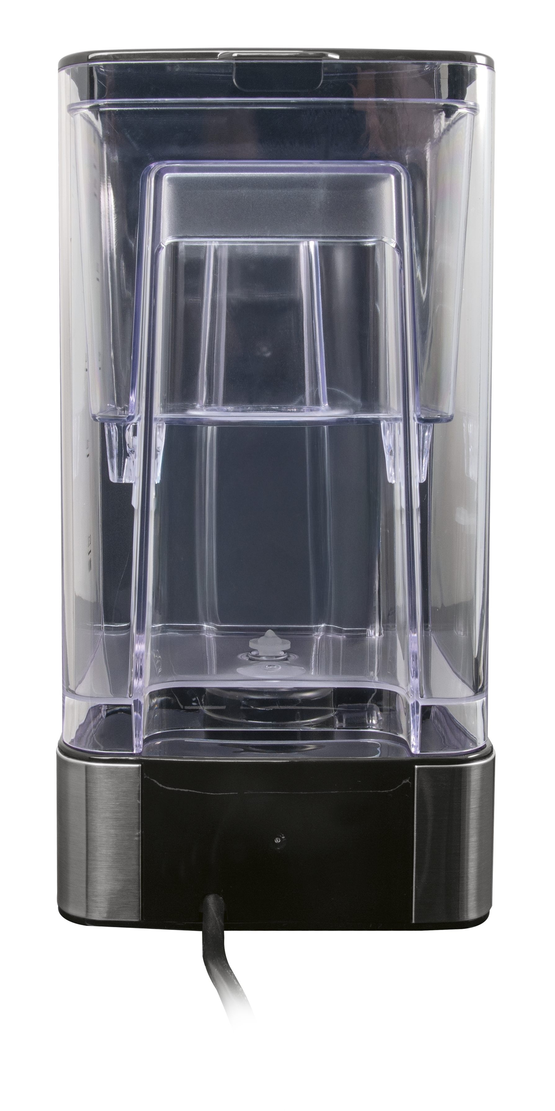 Ein transparenter Wasserbehälter mit silbernem Sockel und schwarzem Kabel.