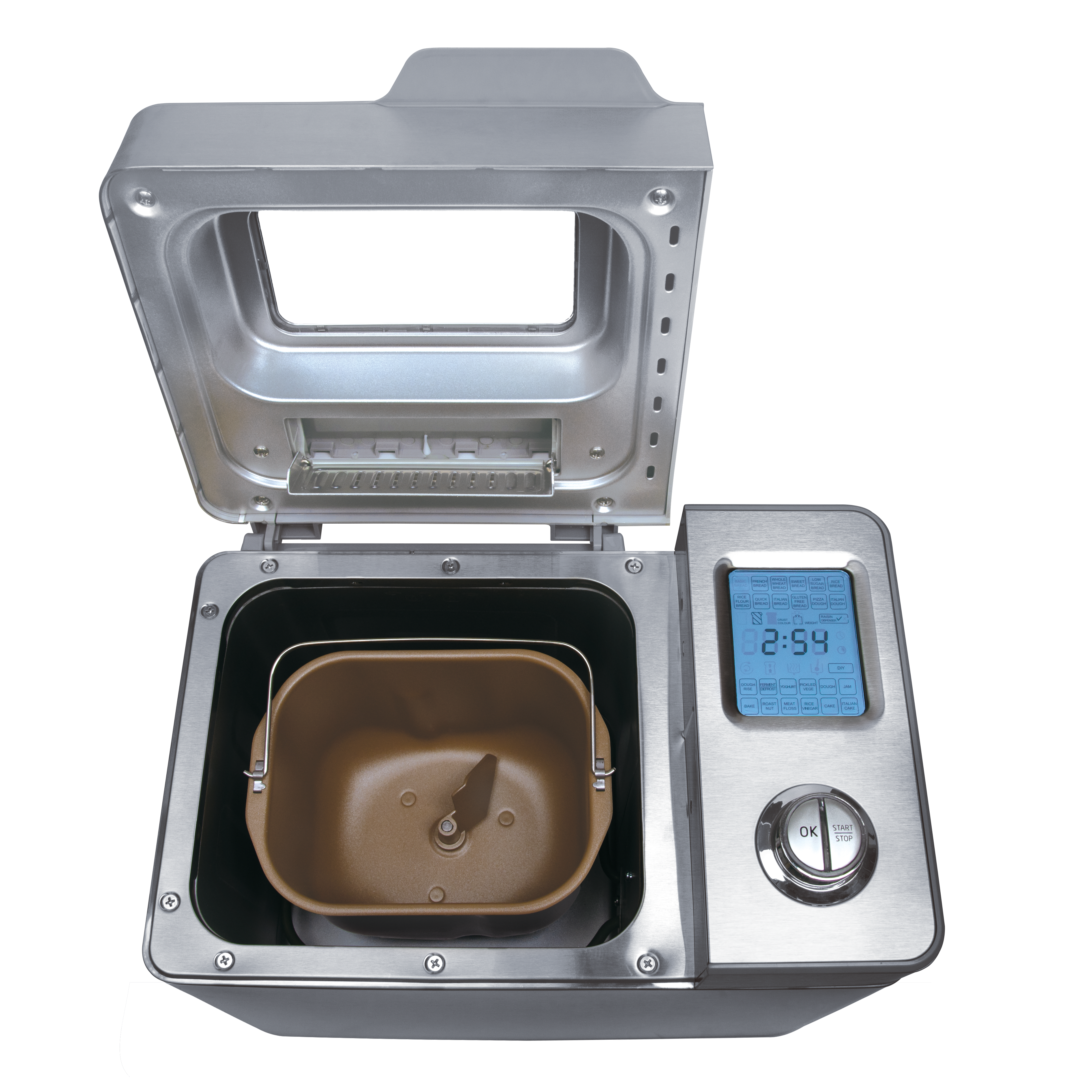 Offener Brotautomat mit silbernem Gehäuse, brauner Brotform und blauem Digitaldisplay.