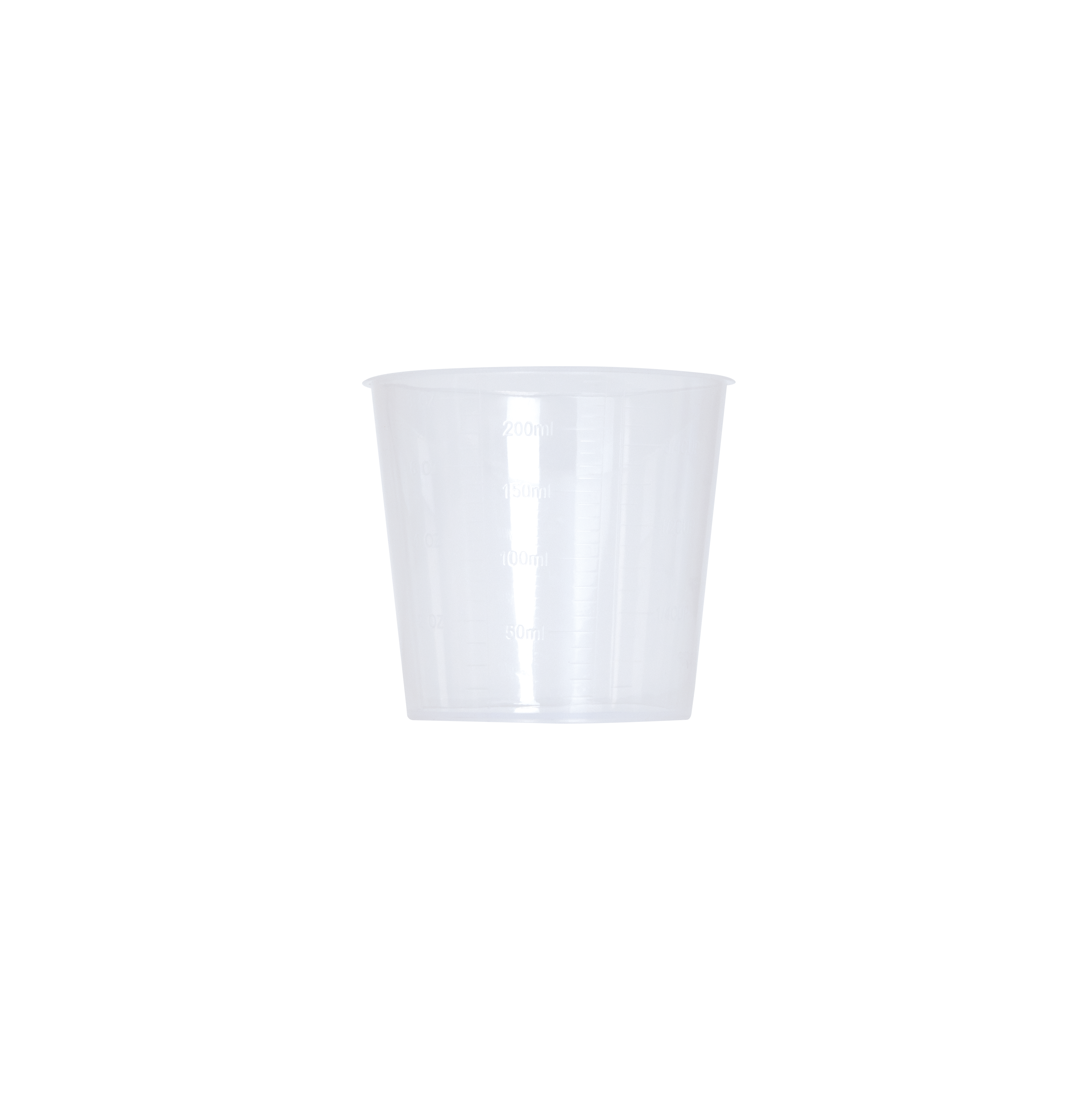 Ein durchsichtiger Messbecher mit Markierungen für 50 ml, 100 ml und 200 ml.