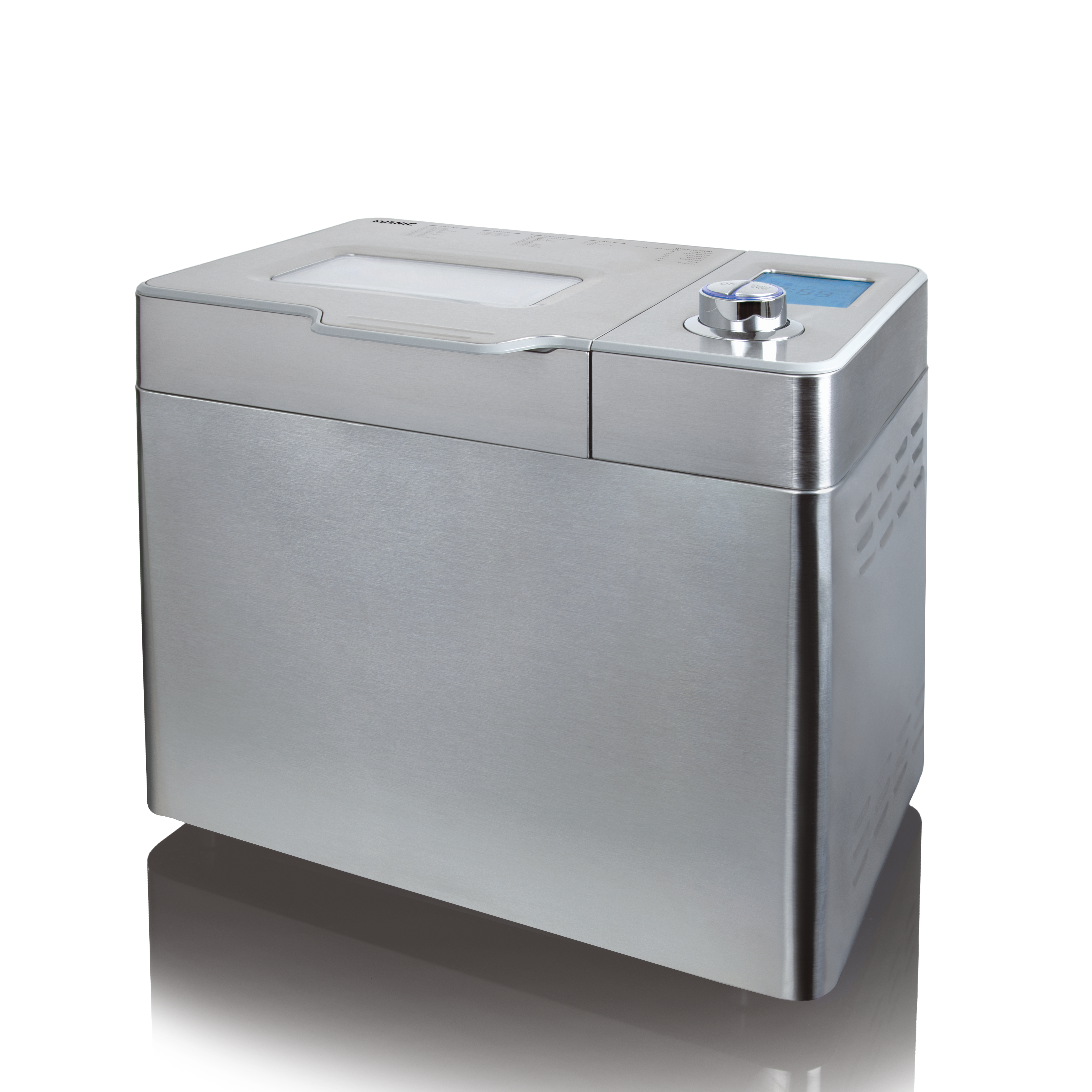 Ein silberner Brotbackautomat mit Bedienfeld und digitalem Display.