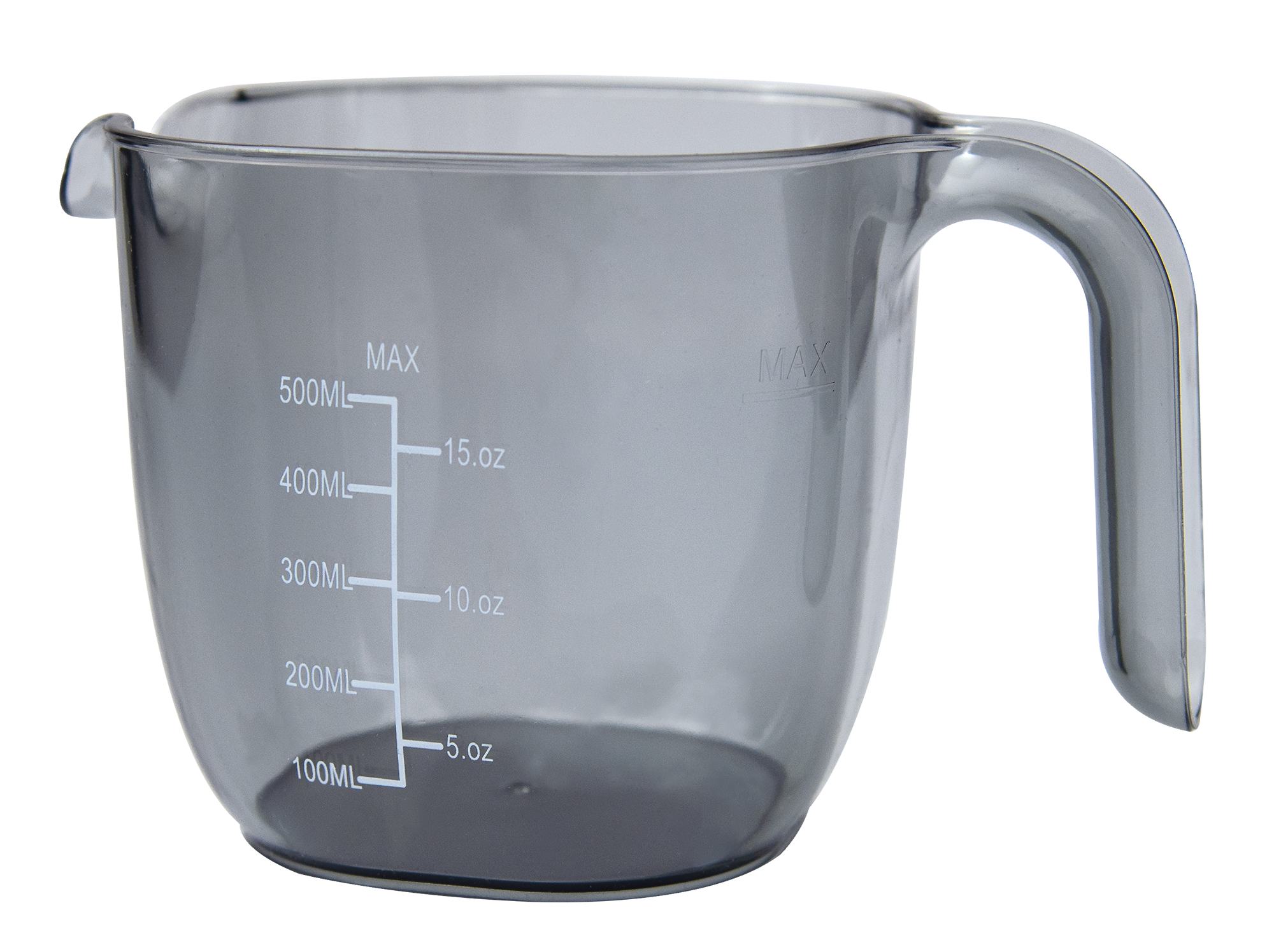 Przezroczysty kubek z miarką, uchwytem i oznaczeniami mililitrów i uncji.