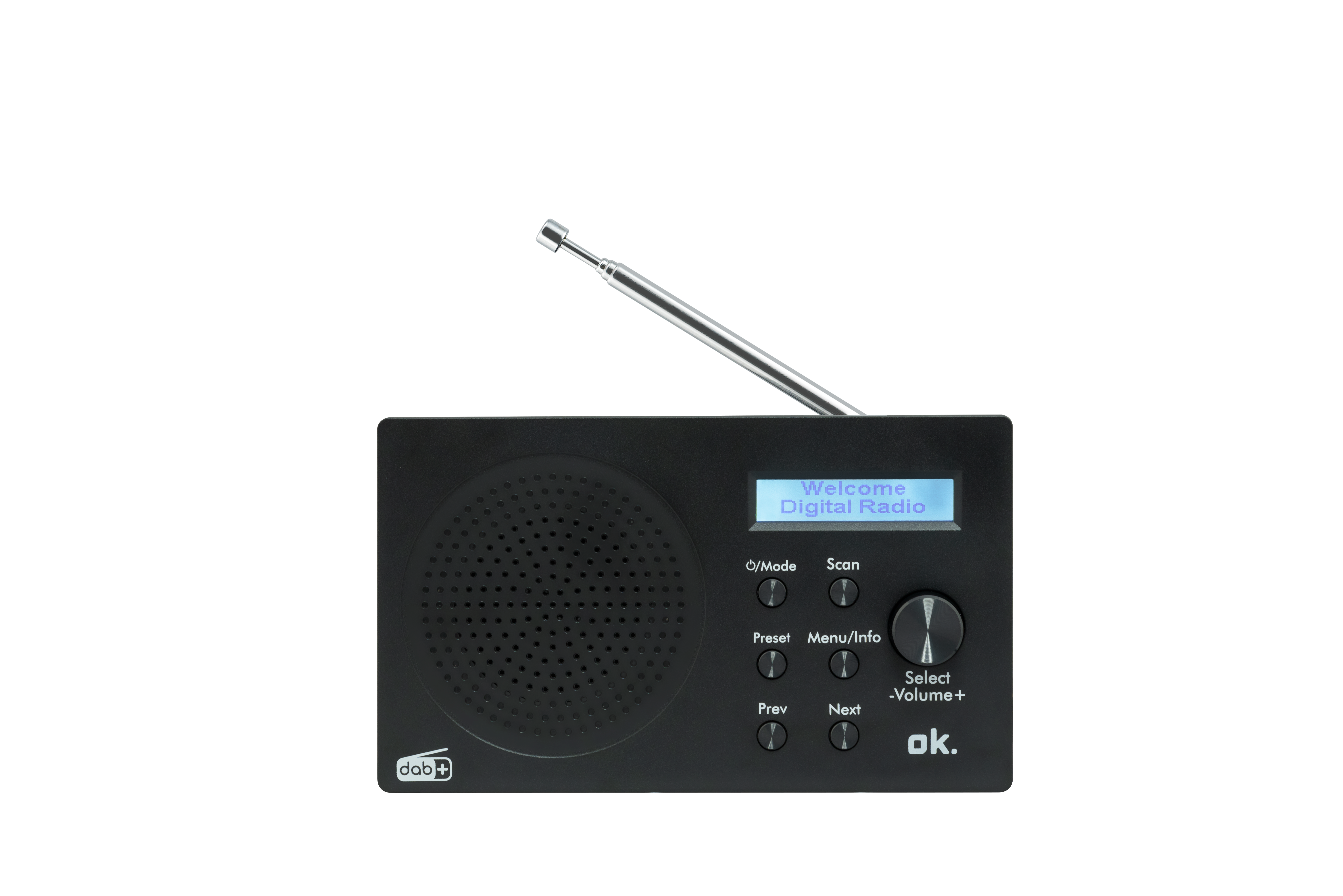 Schwarzes DAB+ Radio mit ausgefahrenem Antennenstab und LCD-Bildschirm.