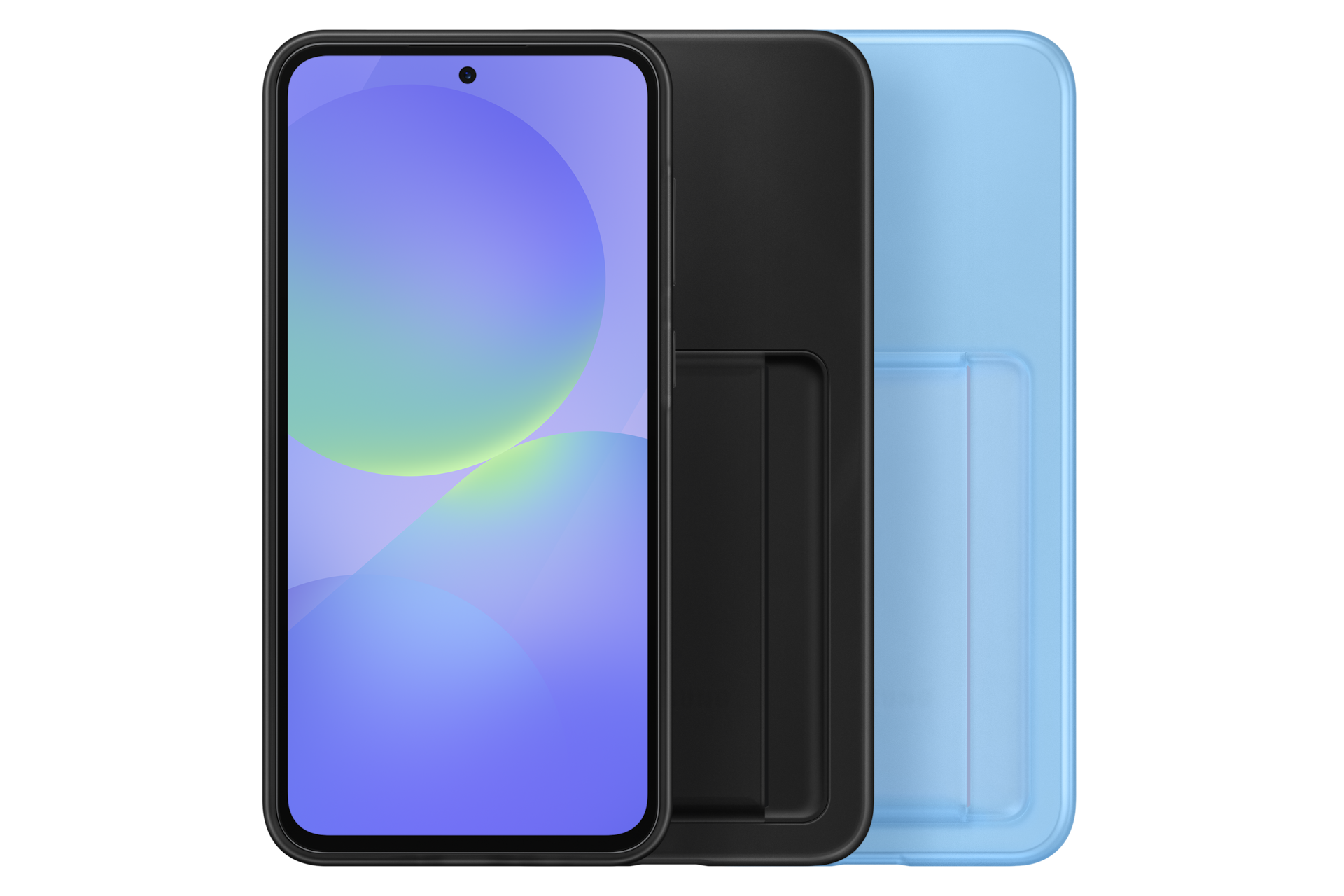 Smartfon z niebieskim tłem, obok czarnego i niebieskiego etui.