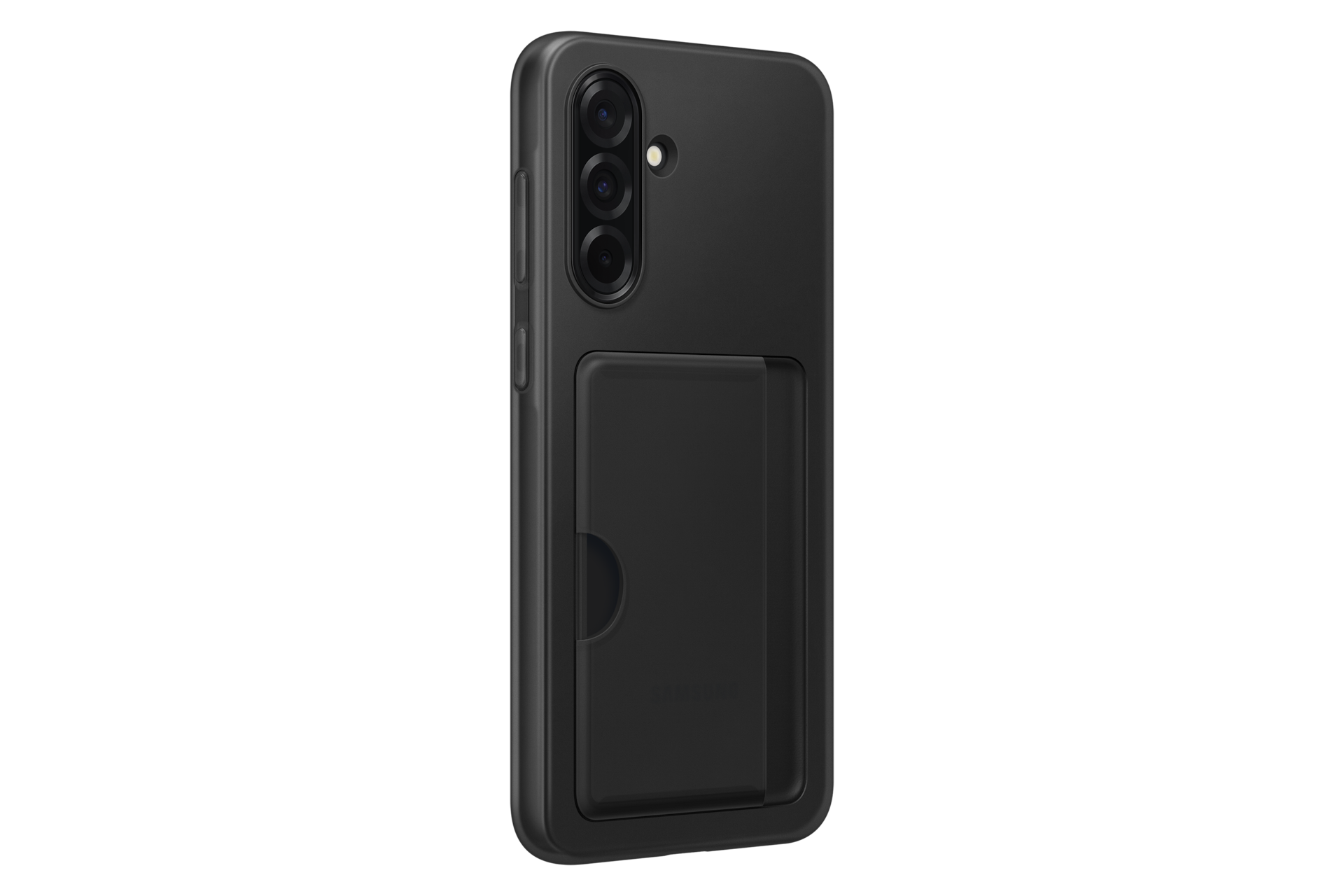Czarne etui na telefon z miejscem na karty i trzema obiektywami.