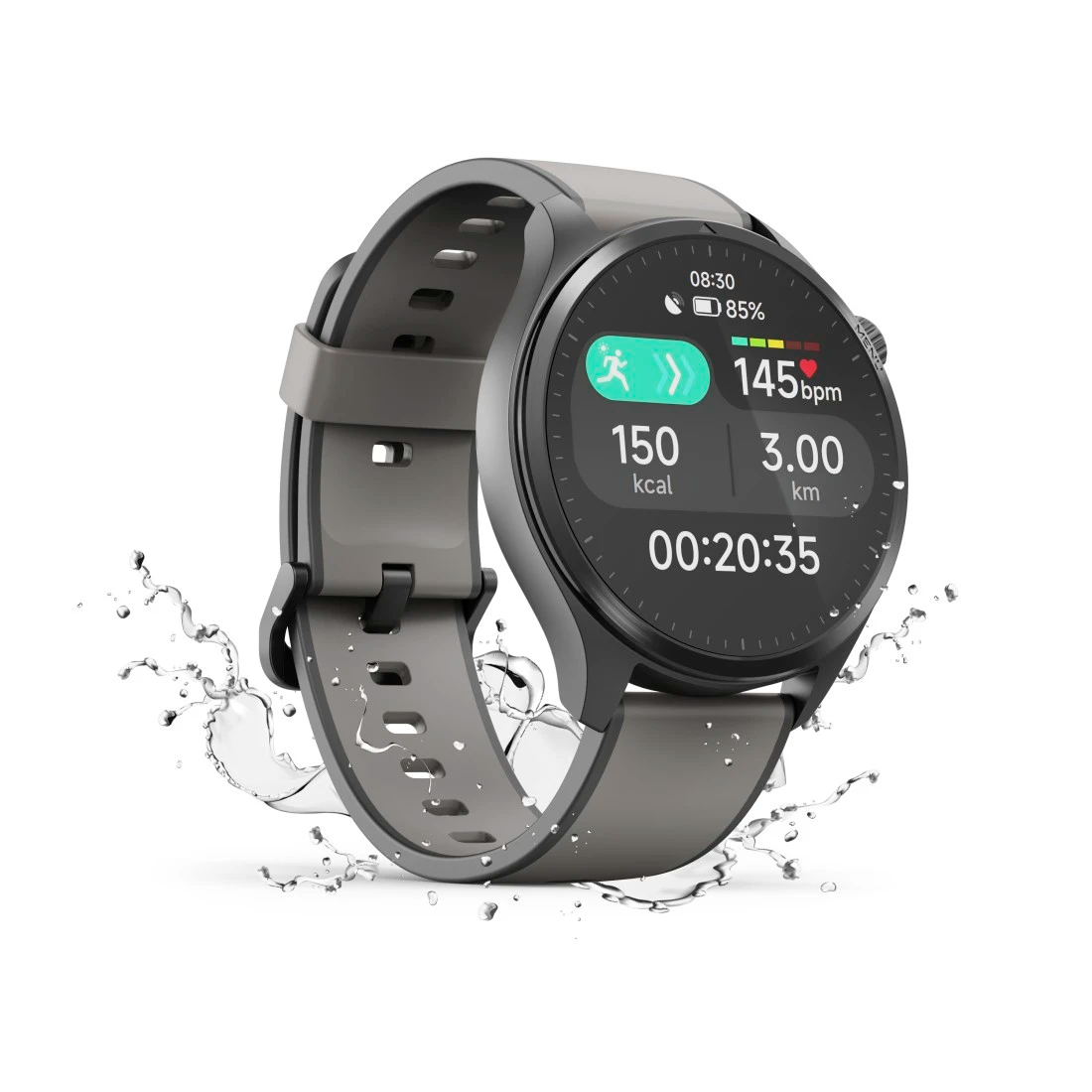 Szary smartwatch wyświetla dane sportowe: 150 kcal, 3 km, 145 bpm, 00:20:35.