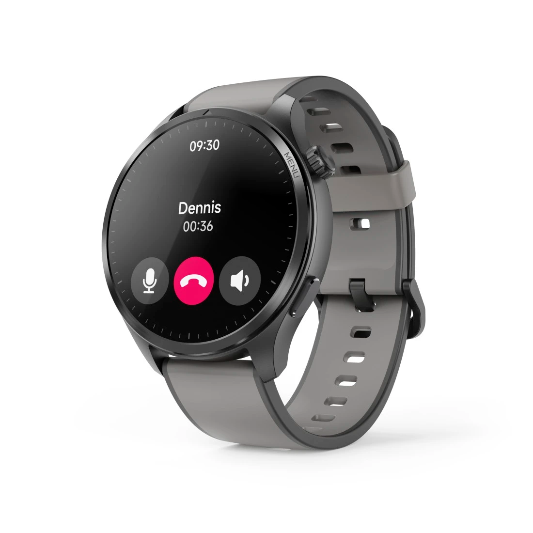 Szary smartwatch wyświetla połączenie przychodzące od Dennisa o 09:30.