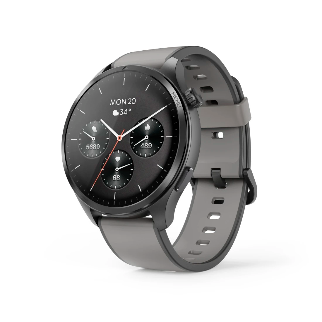 Szary smartwatch z czarną tarczą pokazuje datę, godzinę i statystyki.