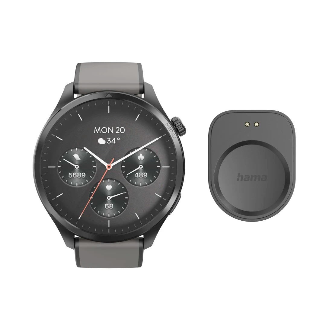 Szary smartwatch z adapterem ładującym. Pokazuje datę, temperaturę i statystyki.