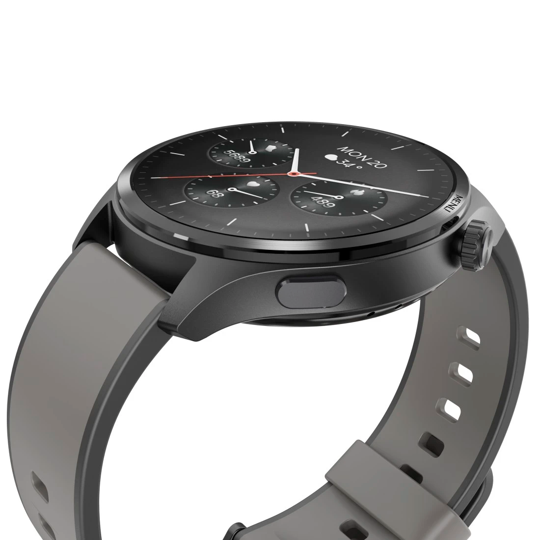 Szary smartwatch z czarną tarczą i przyciskiem menu.