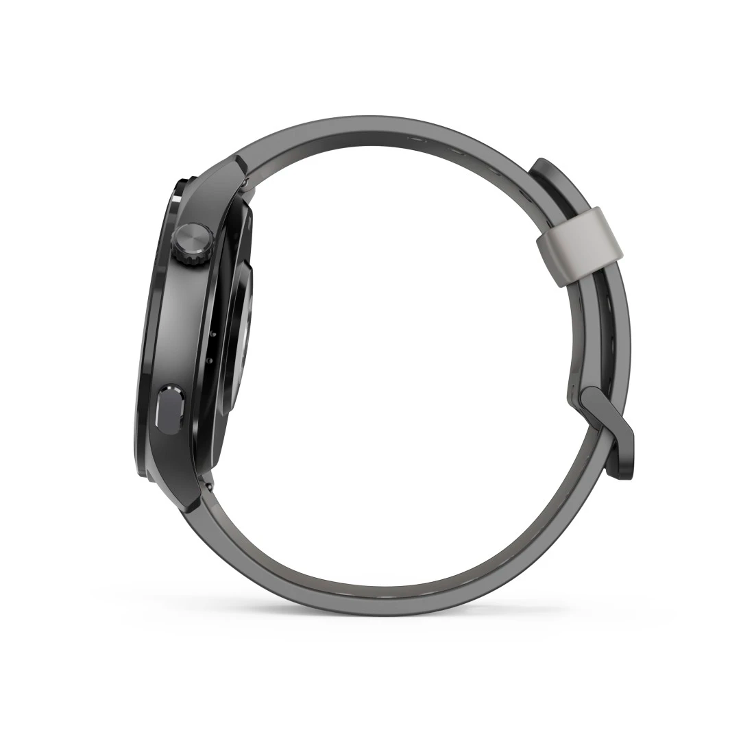 Szary smartwatch z czarnym paskiem, widok z boku.