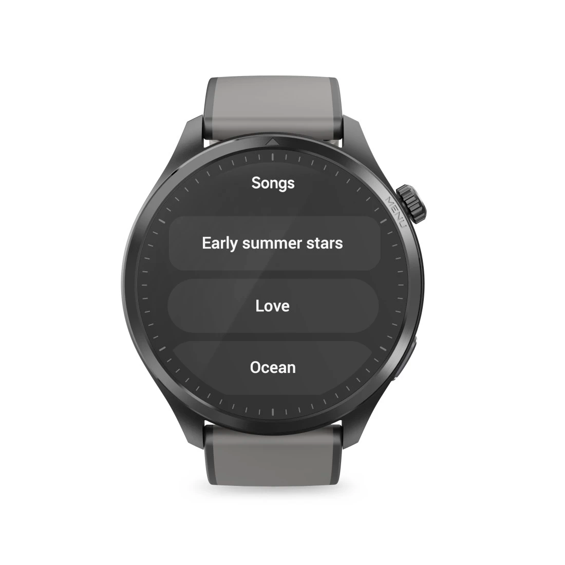 Szary smartwatch wyświetla tytuły piosenek, np. „Early summer stars”.